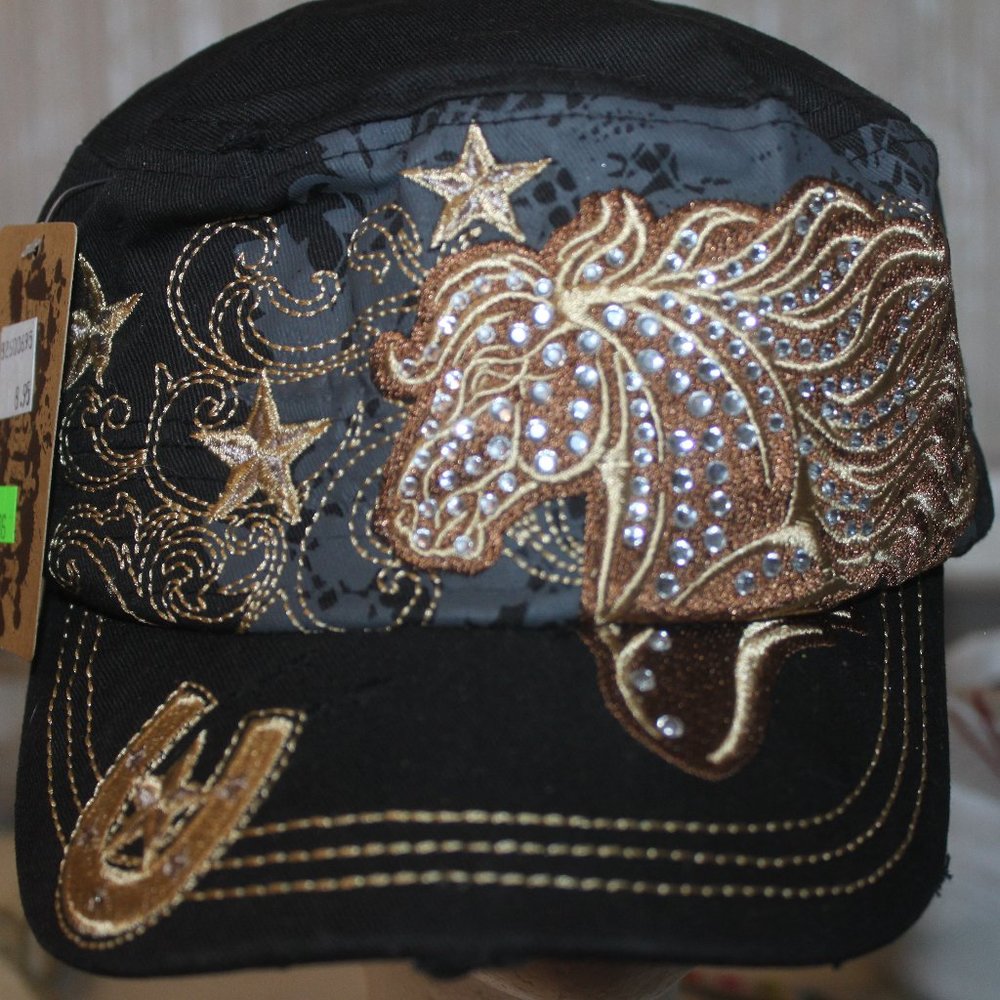 Wtags: Black Hat with Gold Horse,Stars Embroidery